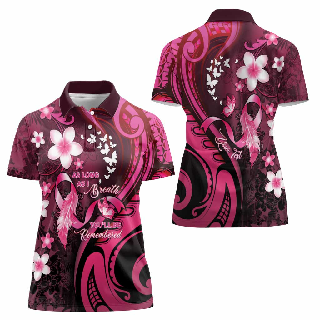 Personalised Memorial Breast Cancer Awareness Women Polo Shirt Plumeria Floral Tribal Pattern - Polynesian Pride