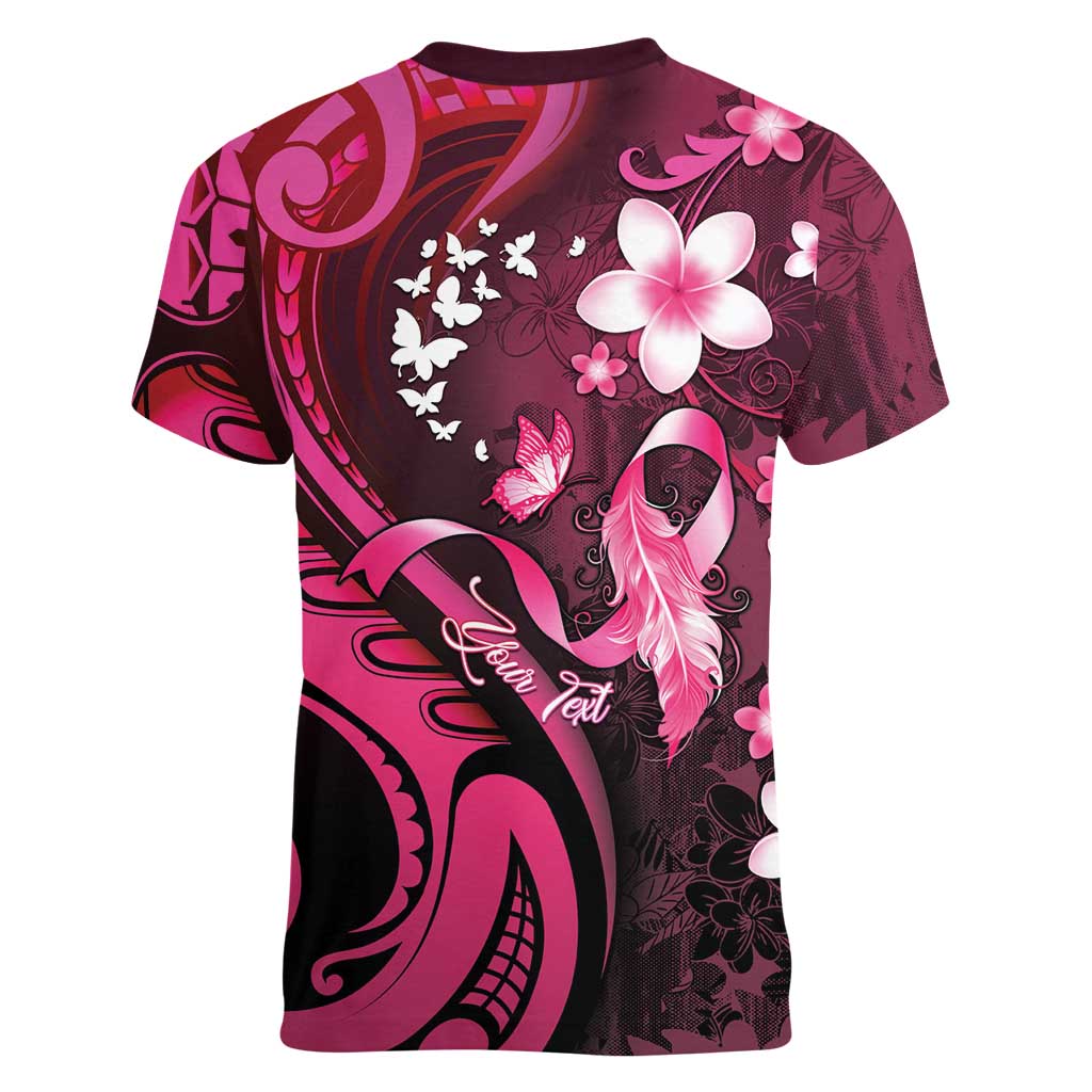 Personalised Memorial Breast Cancer Awareness Women V-Neck T-Shirt Plumeria Floral Tribal Pattern LT05 - Polynesian Pride