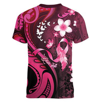 Personalised Memorial Breast Cancer Awareness Women V-Neck T-Shirt Plumeria Floral Tribal Pattern LT05 - Polynesian Pride