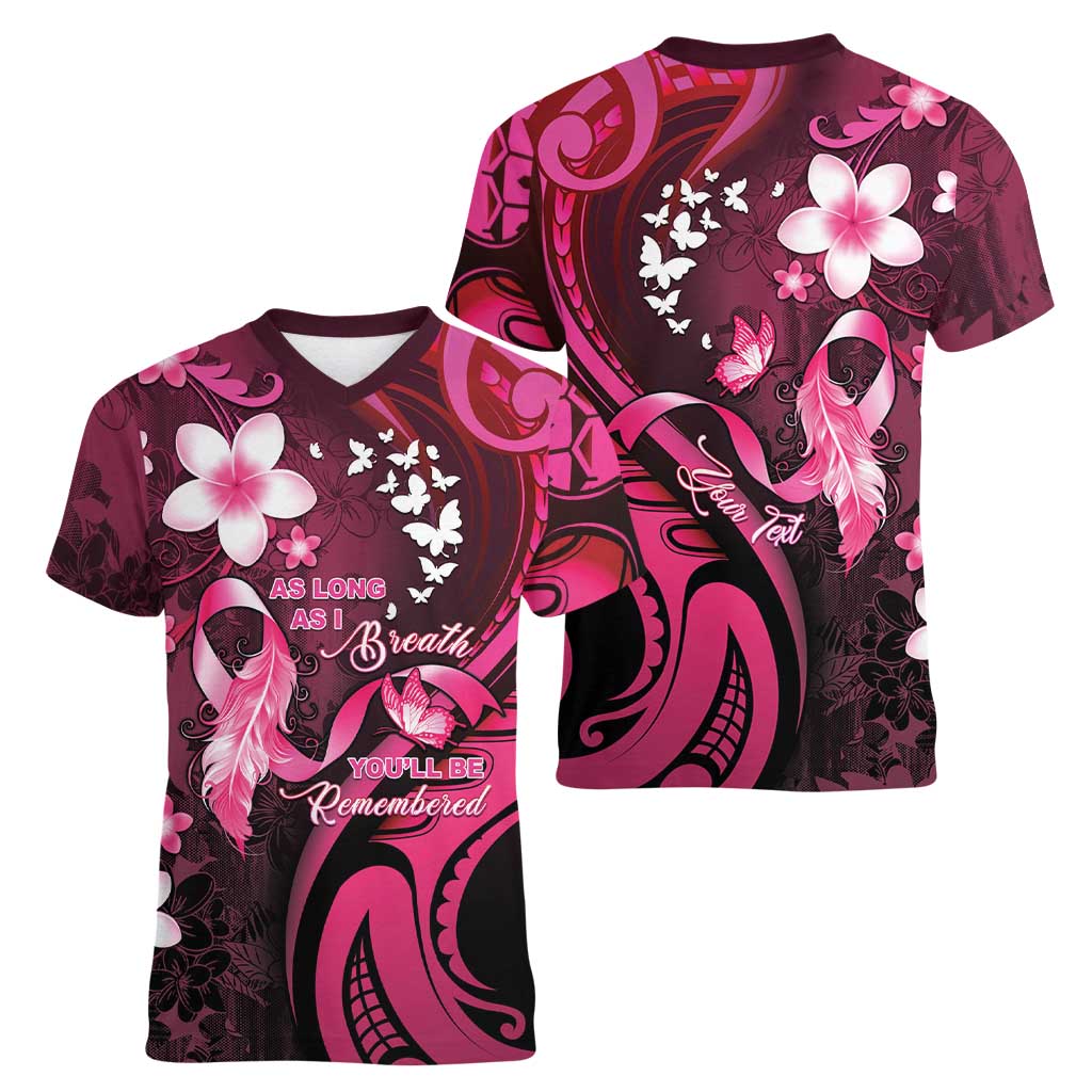 Personalised Memorial Breast Cancer Awareness Women V-Neck T-Shirt Plumeria Floral Tribal Pattern LT05 - Polynesian Pride