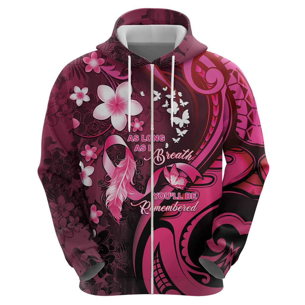 Personalised Memorial Breast Cancer Awareness Zip Hoodie Plumeria Floral Tribal Pattern LT05 - Polynesian Pride