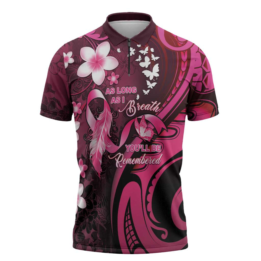 Personalised Memorial Breast Cancer Awareness Zipper Polo Shirt Plumeria Floral Tribal Pattern LT05 Black - Polynesian Pride