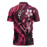 Personalised Memorial Breast Cancer Awareness Zipper Polo Shirt Plumeria Floral Tribal Pattern LT05 - Polynesian Pride