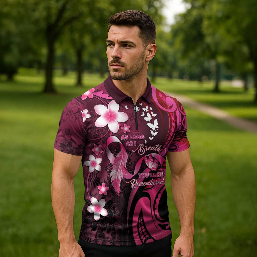 Personalised Memorial Breast Cancer Awareness Zipper Polo Shirt Plumeria Floral Tribal Pattern LT05 - Polynesian Pride