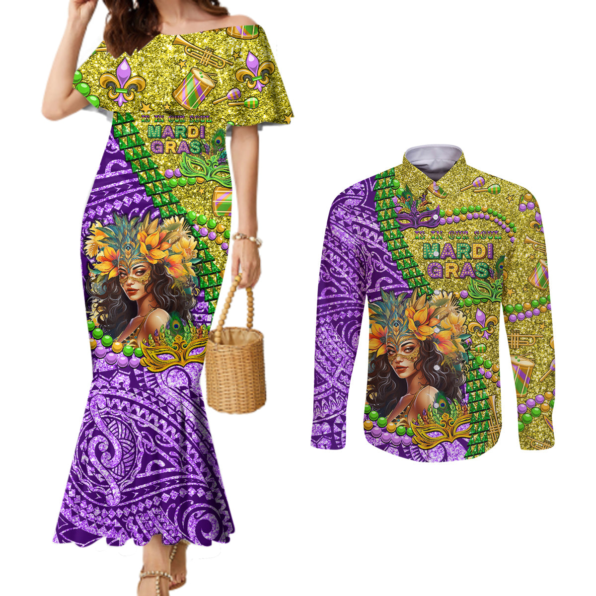 Personalised Hawaii Mardi Gras Couples Matching Mermaid Dress and Long Sleeve Button Shirt Polynesian Pattern With Glitter Style LT05 Yellow - Polynesian Pride