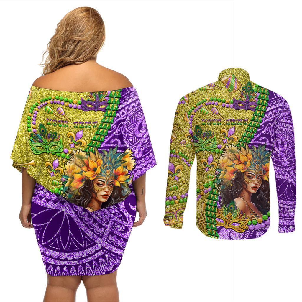 Personalised Hawaii Mardi Gras Couples Matching Off Shoulder Short Dress and Long Sleeve Button Shirt Polynesian Pattern With Glitter Style LT05 - Polynesian Pride