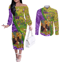 Personalised Hawaii Mardi Gras Couples Matching Off The Shoulder Long Sleeve Dress and Long Sleeve Button Shirt Polynesian Pattern With Glitter Style LT05 Yellow - Polynesian Pride