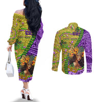 Personalised Hawaii Mardi Gras Couples Matching Off The Shoulder Long Sleeve Dress and Long Sleeve Button Shirt Polynesian Pattern With Glitter Style LT05 - Polynesian Pride