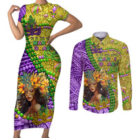 Personalised Hawaii Mardi Gras Couples Matching Short Sleeve Bodycon Dress and Long Sleeve Button Shirt Polynesian Pattern With Glitter Style LT05 Yellow - Polynesian Pride