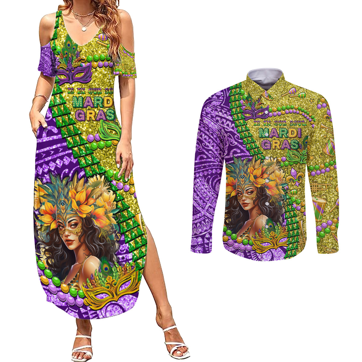Personalised Hawaii Mardi Gras Couples Matching Summer Maxi Dress and Long Sleeve Button Shirt Polynesian Pattern With Glitter Style LT05 Yellow - Polynesian Pride