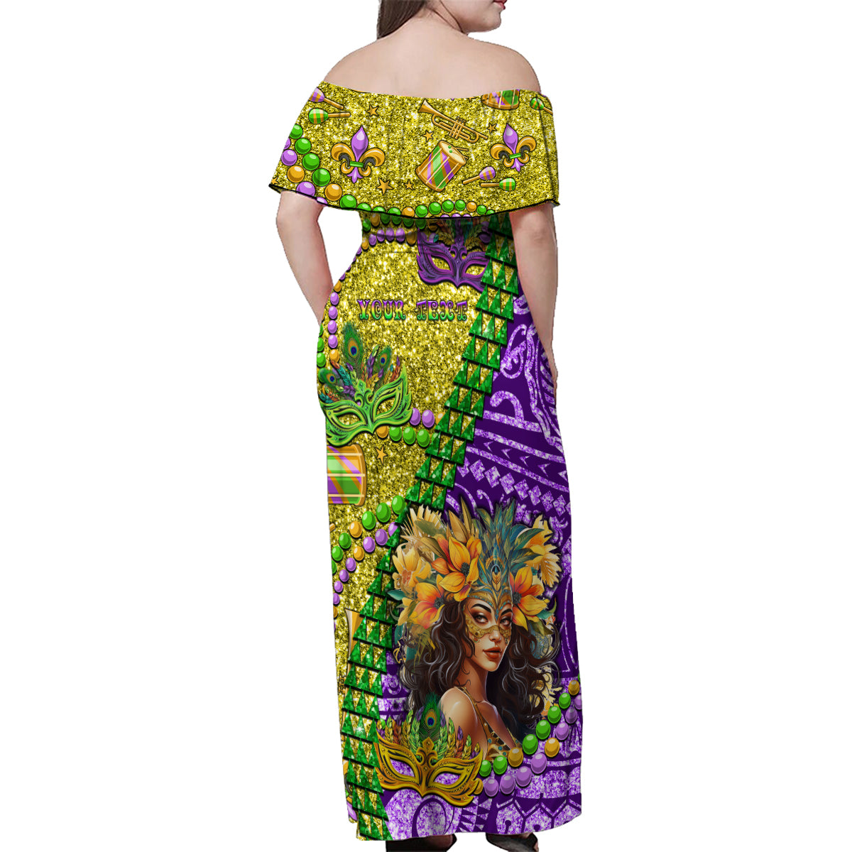 Personalised Hawaii Mardi Gras Family Matching Off Shoulder Maxi Dress and Hawaiian Shirt Polynesian Pattern With Glitter Style LT05 - Polynesian Pride