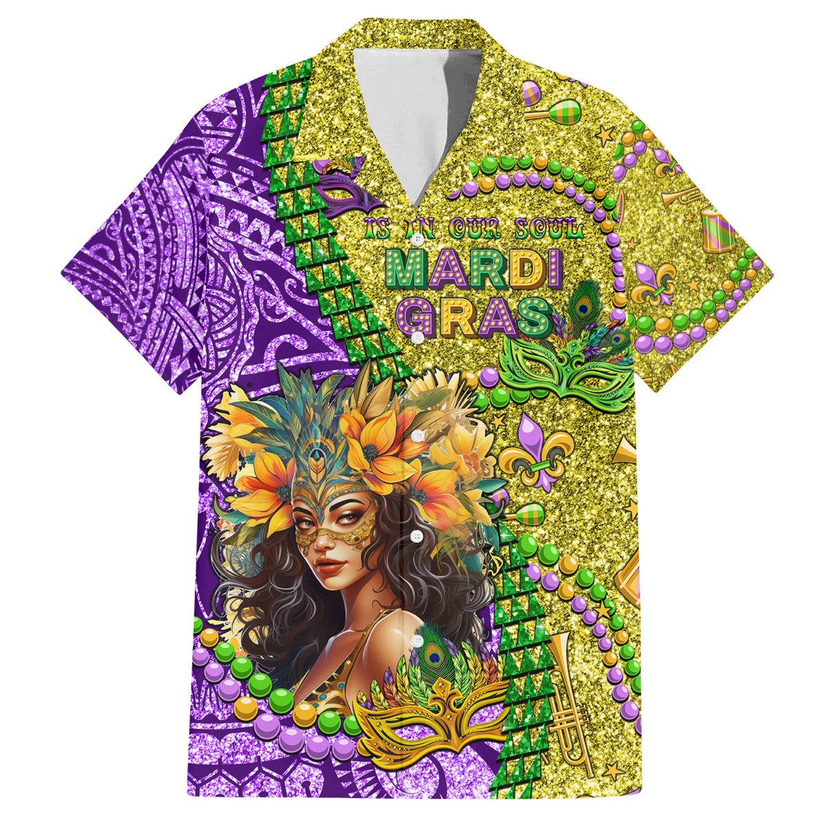 Personalised Hawaii Mardi Gras Family Matching Off Shoulder Short Dress and Hawaiian Shirt Polynesian Pattern With Glitter Style LT05 Dad's Shirt - Short Sleeve Yellow - Polynesian Pride
