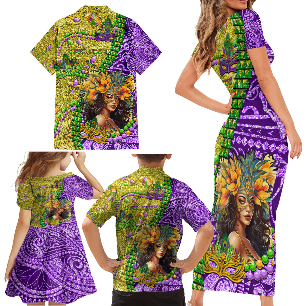 Personalised Hawaii Mardi Gras Family Matching Short Sleeve Bodycon Dress and Hawaiian Shirt Polynesian Pattern With Glitter Style LT05 - Polynesian Pride