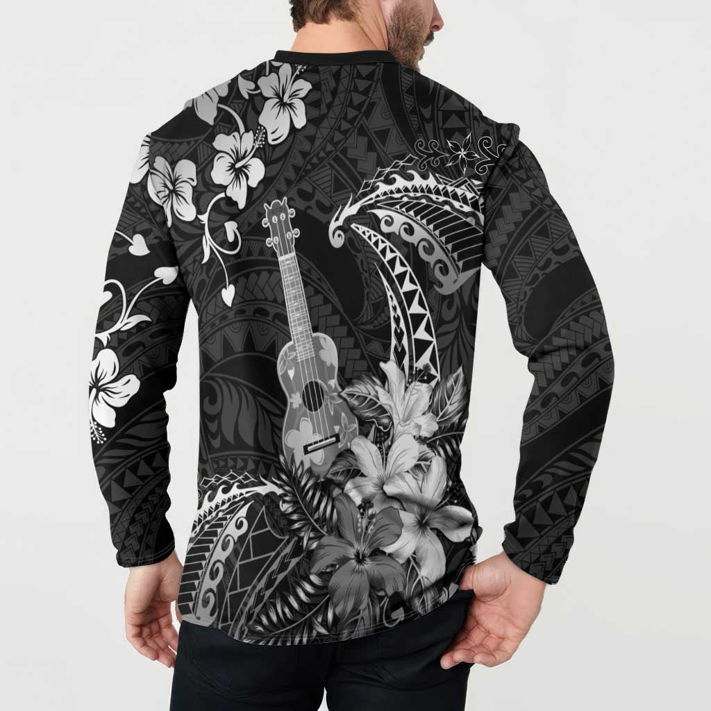 Hawaii Ukulele Button Sweatshirt Polynesian Pattern Mix Hibiscus Black Version LT05