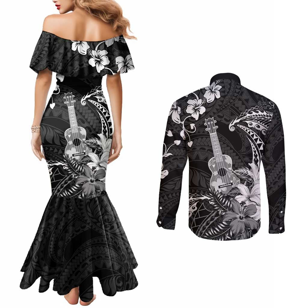 Hawaii Ukulele Couples Matching Mermaid Dress and Long Sleeve Button Shirt Polynesian Pattern Mix Hibiscus Black Version LT05