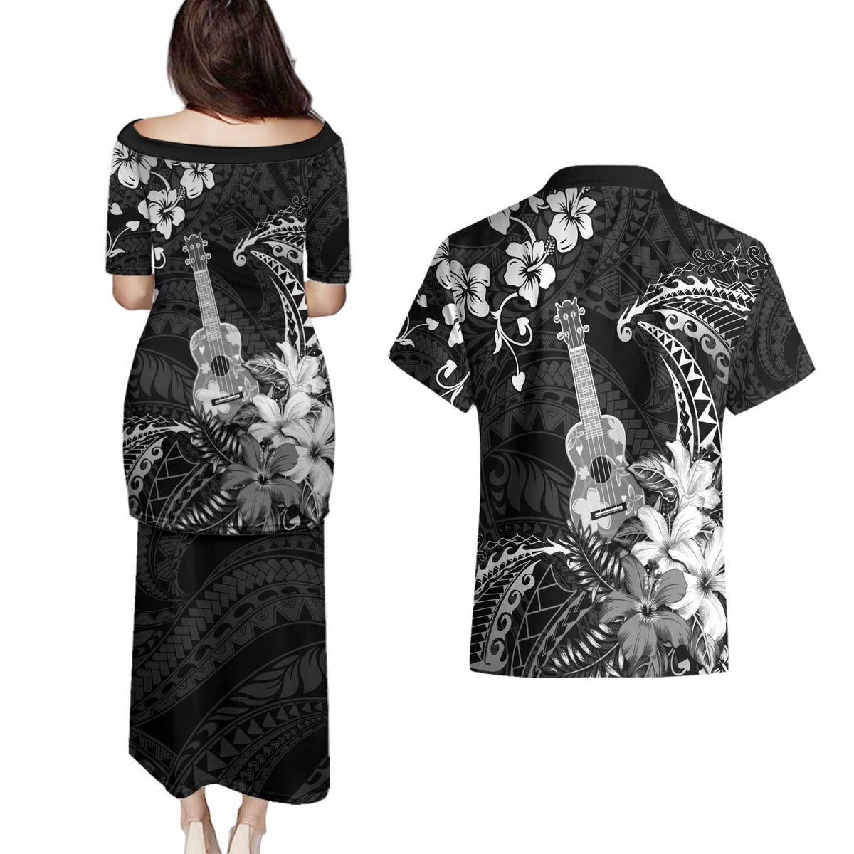 Hawaii Ukulele Couples Matching Puletasi and Hawaiian Shirt Polynesian Pattern Mix Hibiscus Black Version LT05
