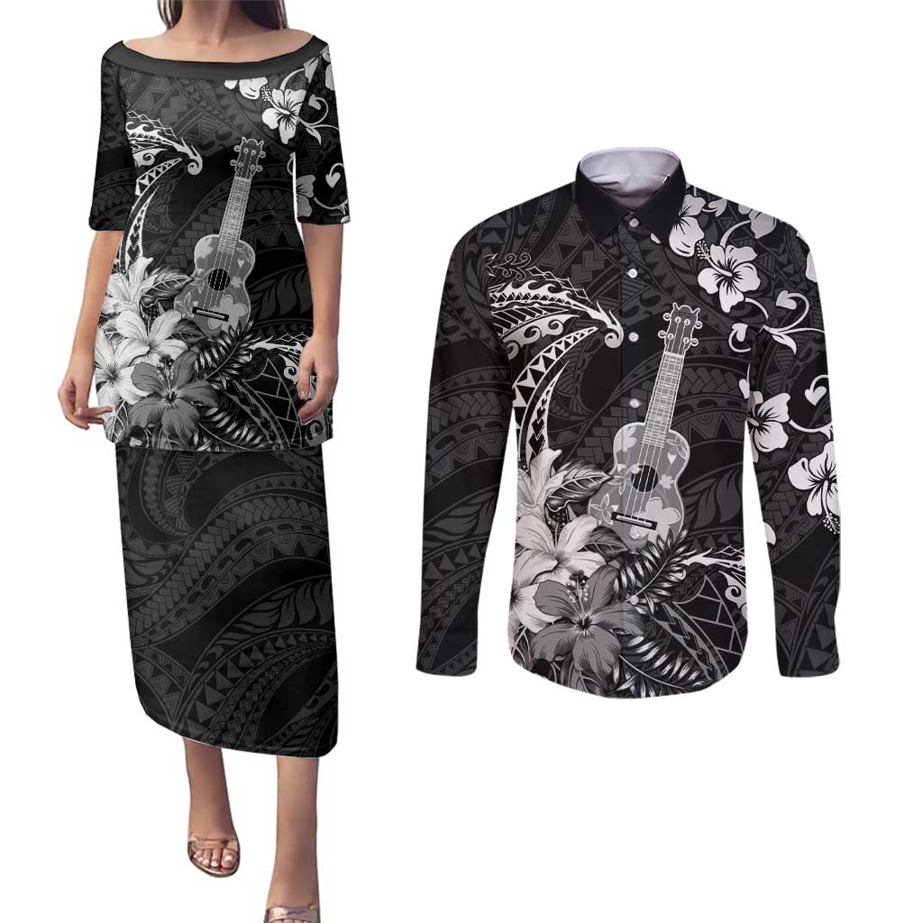 Hawaii Ukulele Couples Matching Puletasi and Long Sleeve Button Shirt Polynesian Pattern Mix Hibiscus Black Version LT05 Black - Polynesian Pride