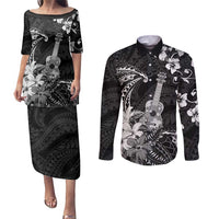 Hawaii Ukulele Couples Matching Puletasi and Long Sleeve Button Shirt Polynesian Pattern Mix Hibiscus Black Version LT05 Black - Polynesian Pride