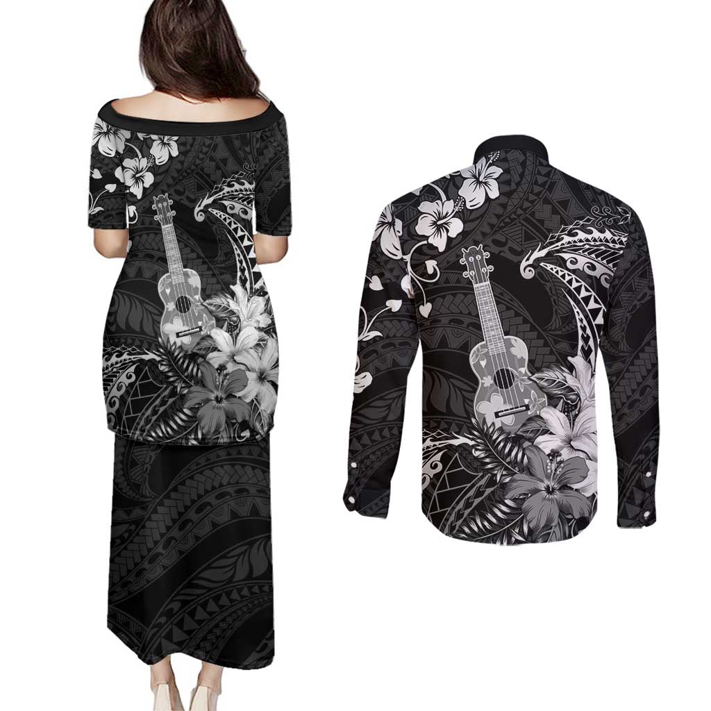 Hawaii Ukulele Couples Matching Puletasi and Long Sleeve Button Shirt Polynesian Pattern Mix Hibiscus Black Version LT05 - Polynesian Pride