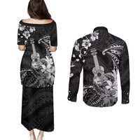Hawaii Ukulele Couples Matching Puletasi and Long Sleeve Button Shirt Polynesian Pattern Mix Hibiscus Black Version LT05 - Polynesian Pride