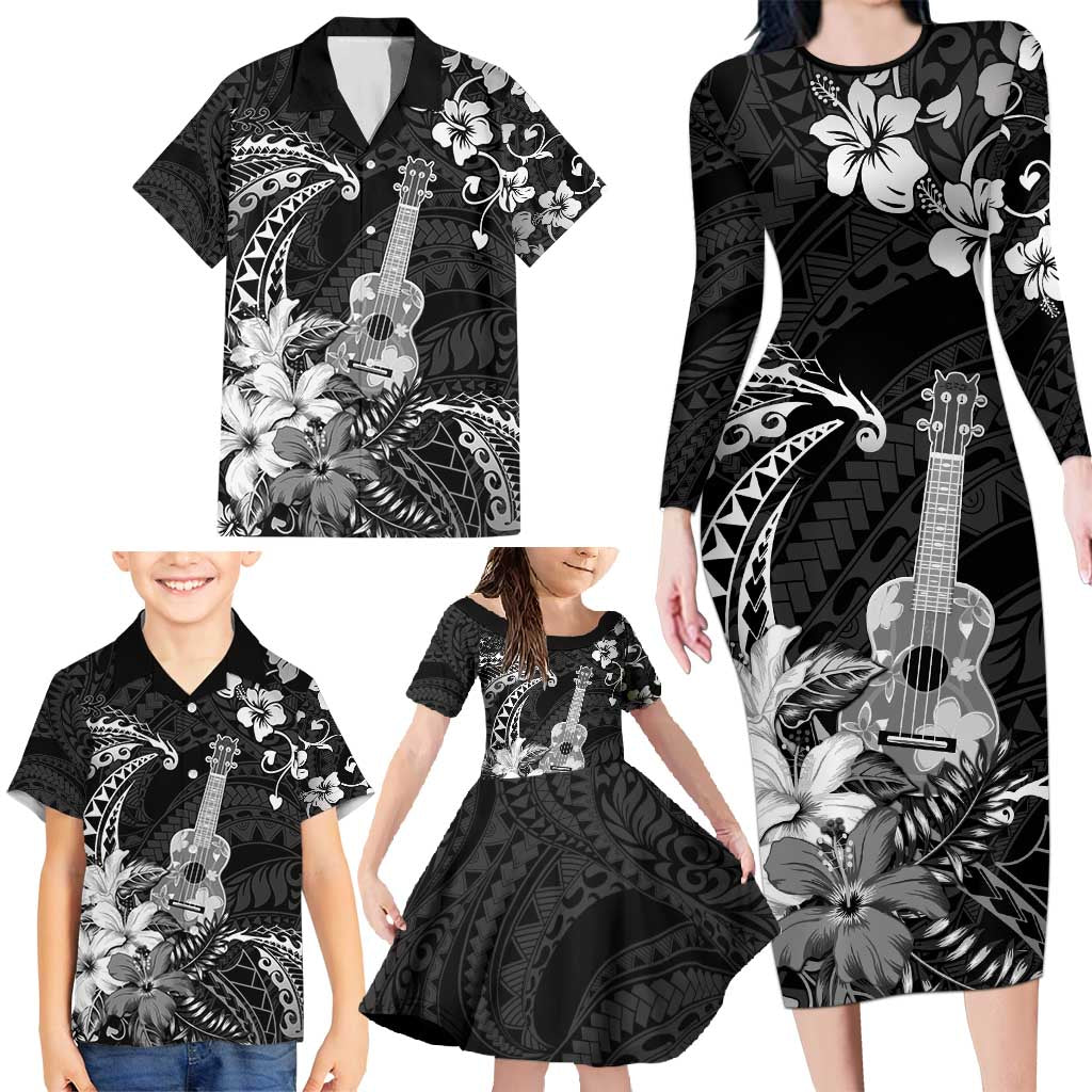 Hawaii Ukulele Family Matching Long Sleeve Bodycon Dress and Hawaiian Shirt Polynesian Pattern Mix Hibiscus Black Version LT05 - Polynesian Pride