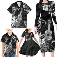 Hawaii Ukulele Family Matching Long Sleeve Bodycon Dress and Hawaiian Shirt Polynesian Pattern Mix Hibiscus Black Version LT05 - Polynesian Pride