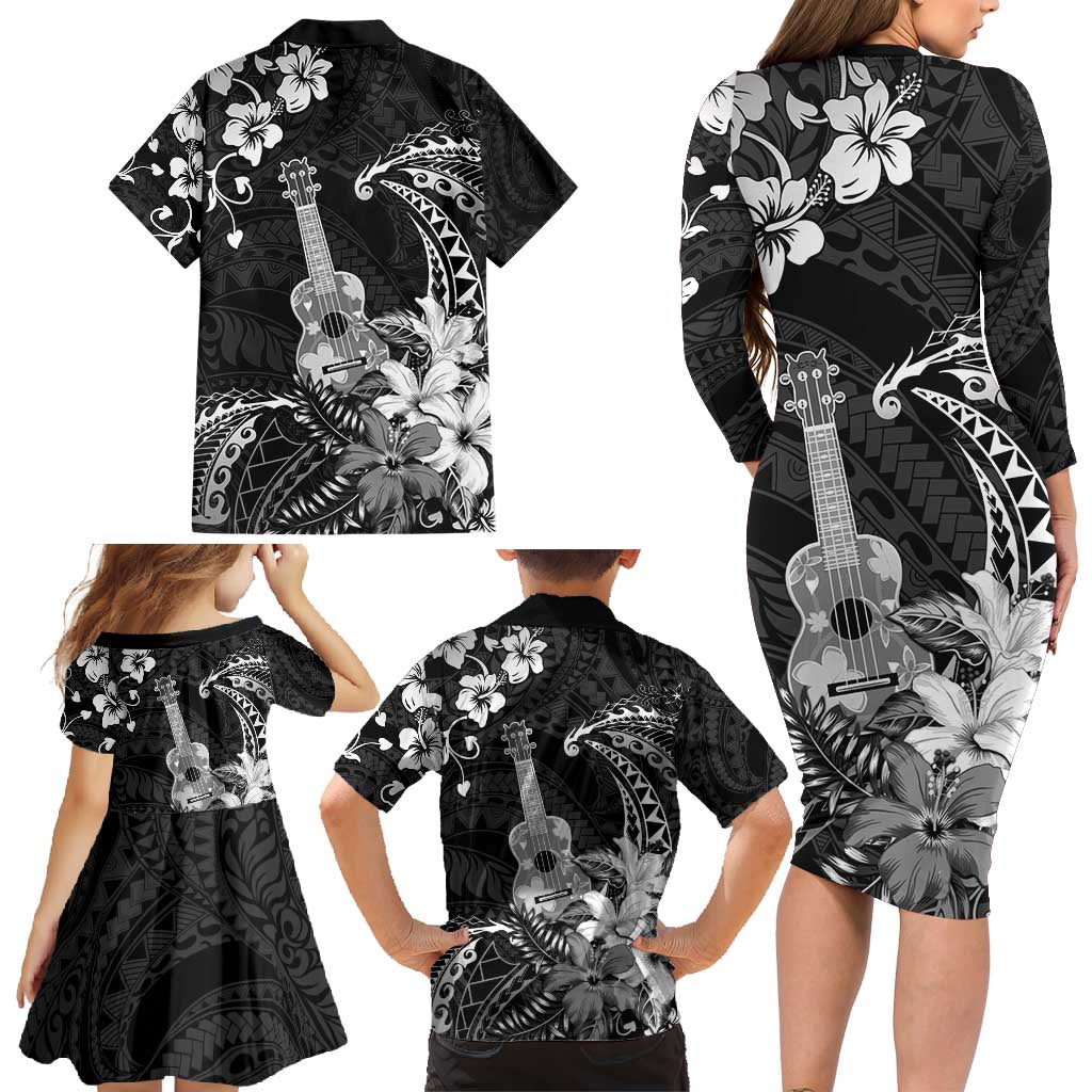 Hawaii Ukulele Family Matching Long Sleeve Bodycon Dress and Hawaiian Shirt Polynesian Pattern Mix Hibiscus Black Version LT05 - Polynesian Pride