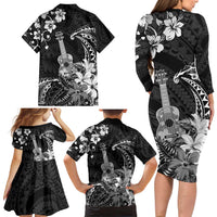 Hawaii Ukulele Family Matching Long Sleeve Bodycon Dress and Hawaiian Shirt Polynesian Pattern Mix Hibiscus Black Version LT05 - Polynesian Pride