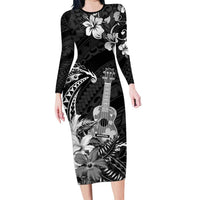 Hawaii Ukulele Family Matching Long Sleeve Bodycon Dress and Hawaiian Shirt Polynesian Pattern Mix Hibiscus Black Version LT05 Mom's Dress Black - Polynesian Pride