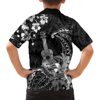 Hawaii Ukulele Family Matching Off The Shoulder Long Sleeve Dress and Hawaiian Shirt Polynesian Pattern Mix Hibiscus Black Version LT05 - Polynesian Pride