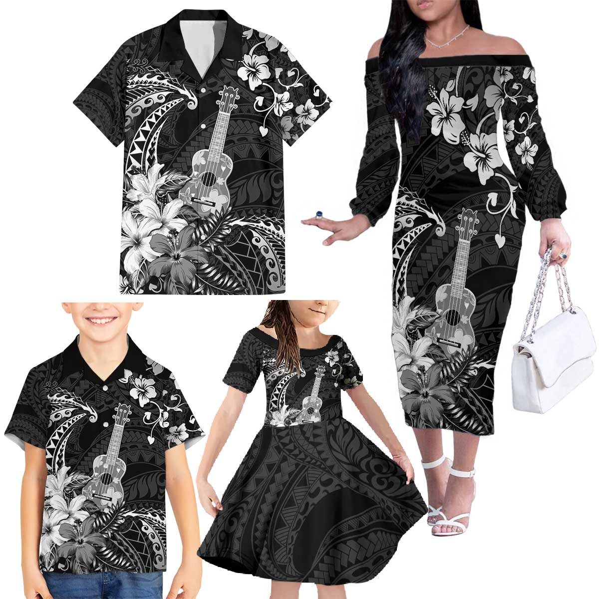 Hawaii Ukulele Family Matching Off The Shoulder Long Sleeve Dress and Hawaiian Shirt Polynesian Pattern Mix Hibiscus Black Version LT05 - Polynesian Pride