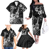 Hawaii Ukulele Family Matching Off The Shoulder Long Sleeve Dress and Hawaiian Shirt Polynesian Pattern Mix Hibiscus Black Version LT05 - Polynesian Pride