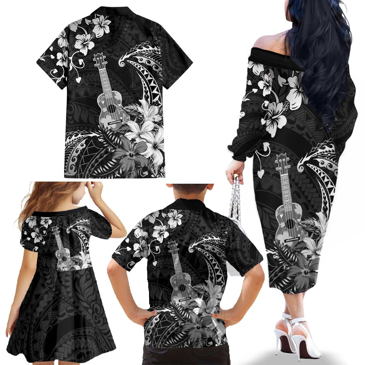 Hawaii Ukulele Family Matching Off The Shoulder Long Sleeve Dress and Hawaiian Shirt Polynesian Pattern Mix Hibiscus Black Version LT05 - Polynesian Pride