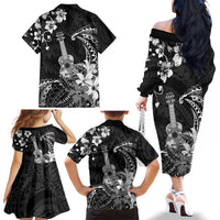 Hawaii Ukulele Family Matching Off The Shoulder Long Sleeve Dress and Hawaiian Shirt Polynesian Pattern Mix Hibiscus Black Version LT05 - Polynesian Pride