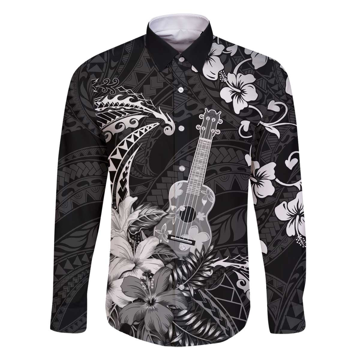 Hawaii Ukulele Family Matching Off The Shoulder Long Sleeve Dress and Hawaiian Shirt Polynesian Pattern Mix Hibiscus Black Version LT05 Dad's Shirt - Long Sleeve Black - Polynesian Pride
