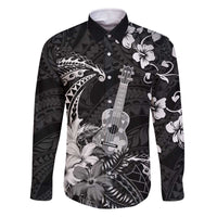 Hawaii Ukulele Family Matching Off The Shoulder Long Sleeve Dress and Hawaiian Shirt Polynesian Pattern Mix Hibiscus Black Version LT05 Dad's Shirt - Long Sleeve Black - Polynesian Pride