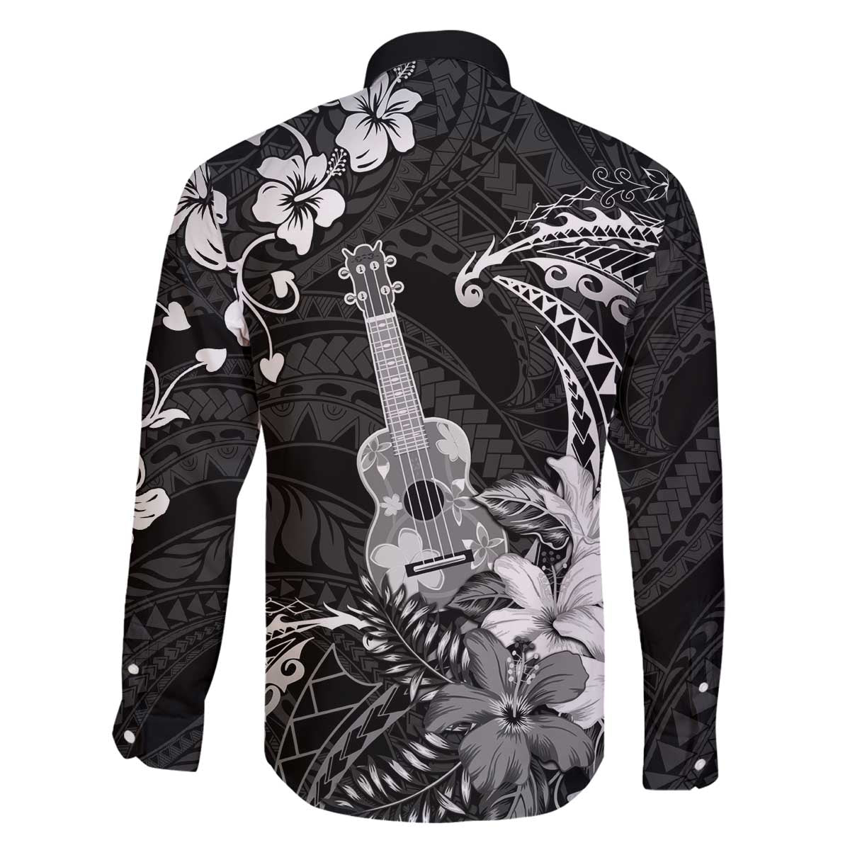 Hawaii Ukulele Family Matching Off The Shoulder Long Sleeve Dress and Hawaiian Shirt Polynesian Pattern Mix Hibiscus Black Version LT05 - Polynesian Pride