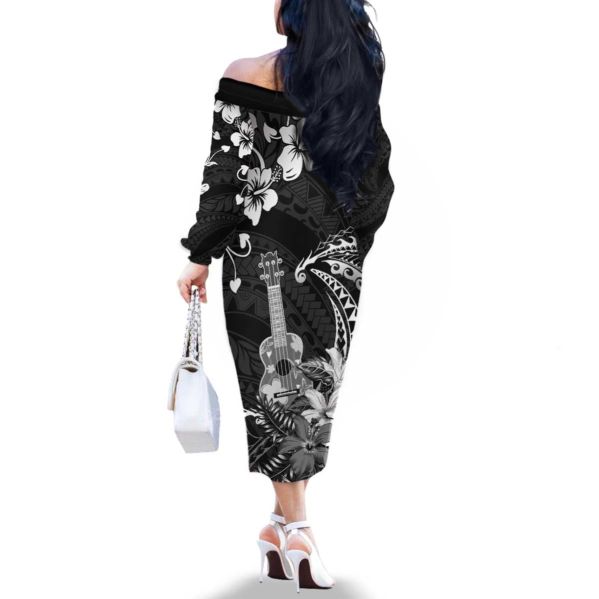 Hawaii Ukulele Family Matching Off The Shoulder Long Sleeve Dress and Hawaiian Shirt Polynesian Pattern Mix Hibiscus Black Version LT05 - Polynesian Pride