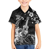 Hawaii Ukulele Family Matching Off The Shoulder Long Sleeve Dress and Hawaiian Shirt Polynesian Pattern Mix Hibiscus Black Version LT05 Son's Shirt Black - Polynesian Pride
