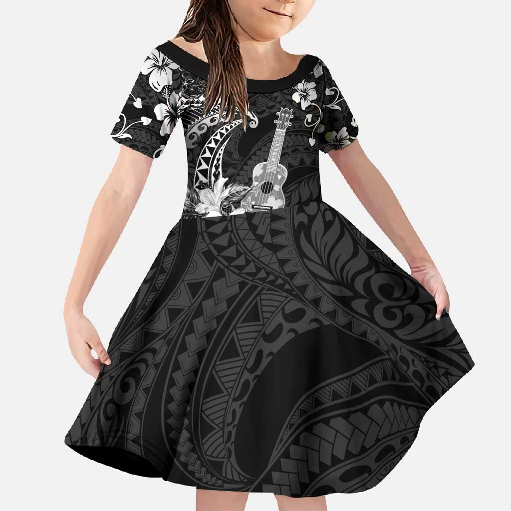Hawaii Ukulele Family Matching Off Shoulder Maxi Dress and Hawaiian Shirt Polynesian Pattern Mix Hibiscus Black Version LT05