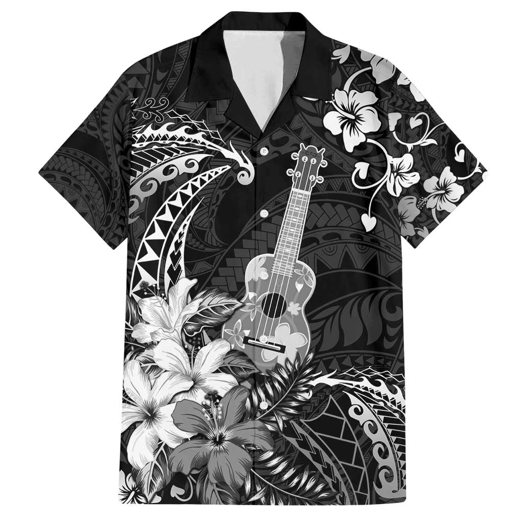 Hawaii Ukulele Family Matching Off Shoulder Maxi Dress and Hawaiian Shirt Polynesian Pattern Mix Hibiscus Black Version LT05