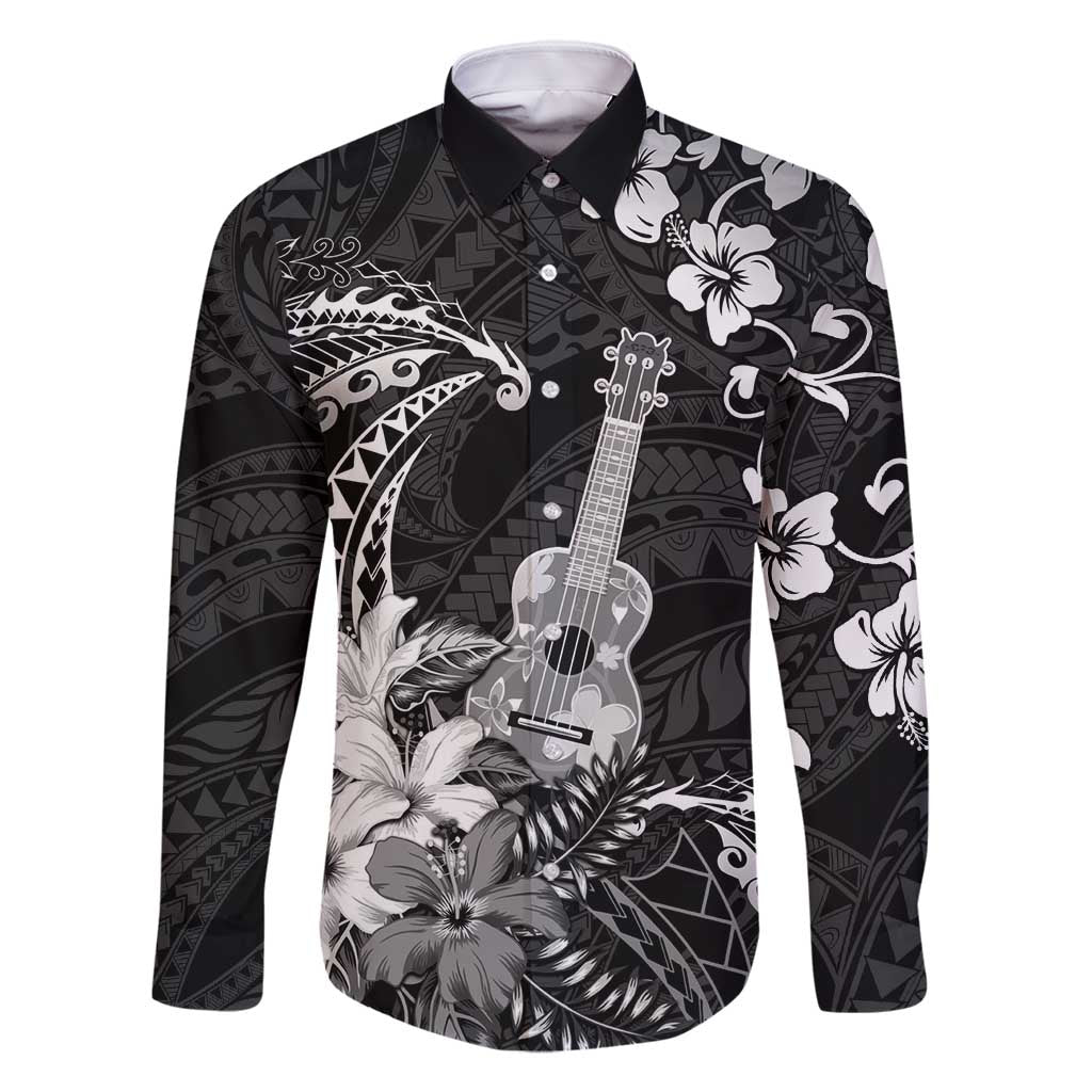Hawaii Ukulele Family Matching Off Shoulder Maxi Dress and Hawaiian Shirt Polynesian Pattern Mix Hibiscus Black Version LT05