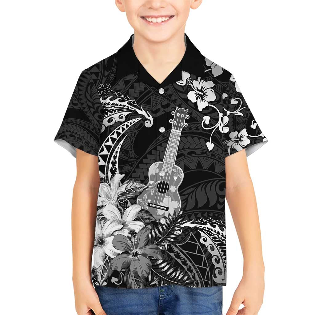 Hawaii Ukulele Family Matching Off Shoulder Maxi Dress and Hawaiian Shirt Polynesian Pattern Mix Hibiscus Black Version LT05