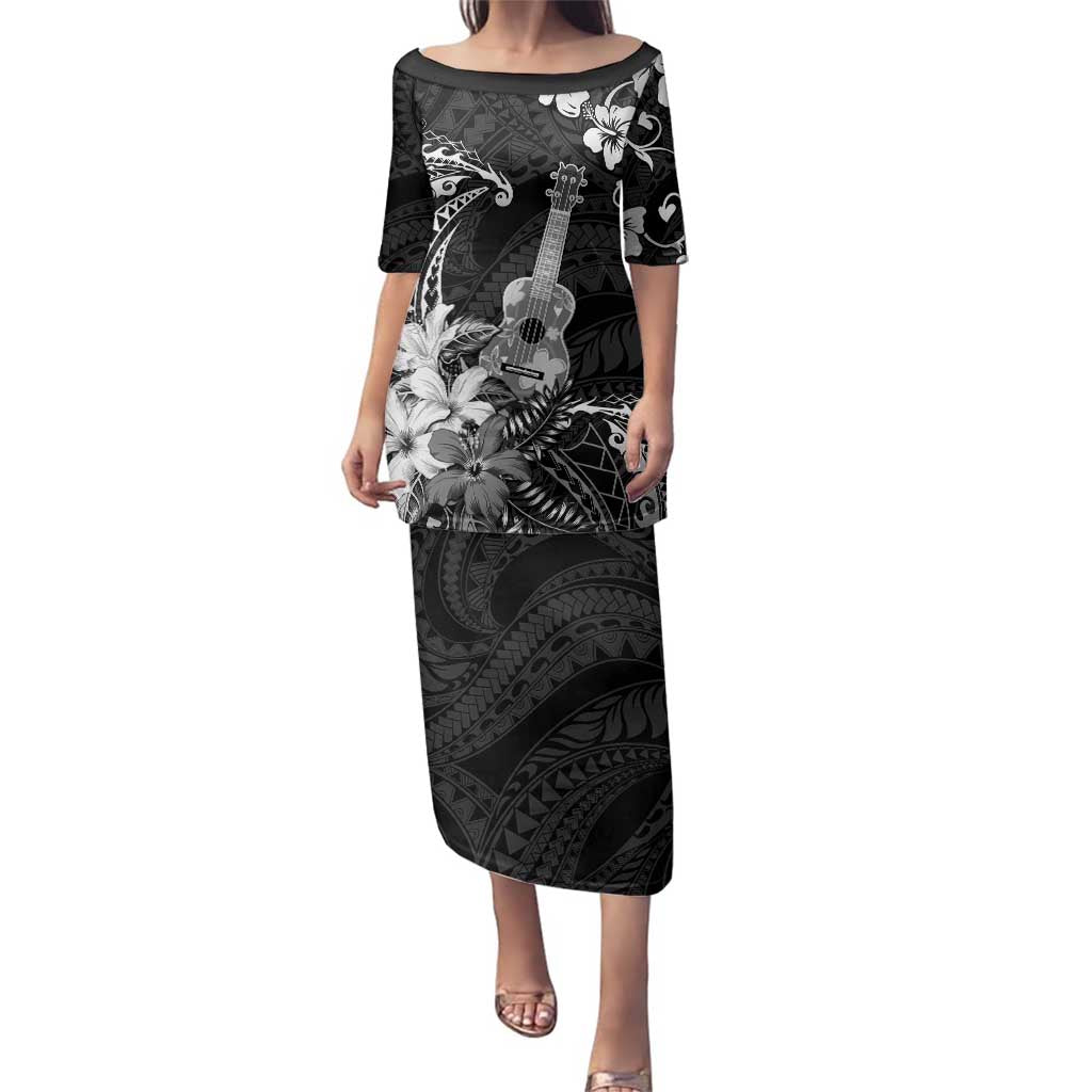 Hawaii Ukulele Family Matching Puletasi and Hawaiian Shirt Polynesian Pattern Mix Hibiscus Black Version LT05