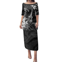 Hawaii Ukulele Family Matching Puletasi and Hawaiian Shirt Polynesian Pattern Mix Hibiscus Black Version LT05