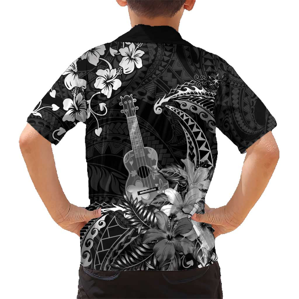 Hawaii Ukulele Family Matching Short Sleeve Bodycon Dress and Hawaiian Shirt Polynesian Pattern Mix Hibiscus Black Version LT05 - Polynesian Pride