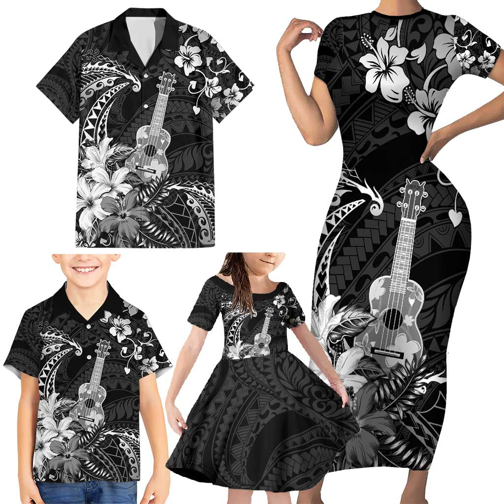 Hawaii Ukulele Family Matching Short Sleeve Bodycon Dress and Hawaiian Shirt Polynesian Pattern Mix Hibiscus Black Version LT05 - Polynesian Pride
