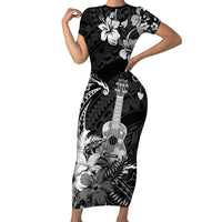 Hawaii Ukulele Family Matching Short Sleeve Bodycon Dress and Hawaiian Shirt Polynesian Pattern Mix Hibiscus Black Version LT05 Mom's Dress Black - Polynesian Pride
