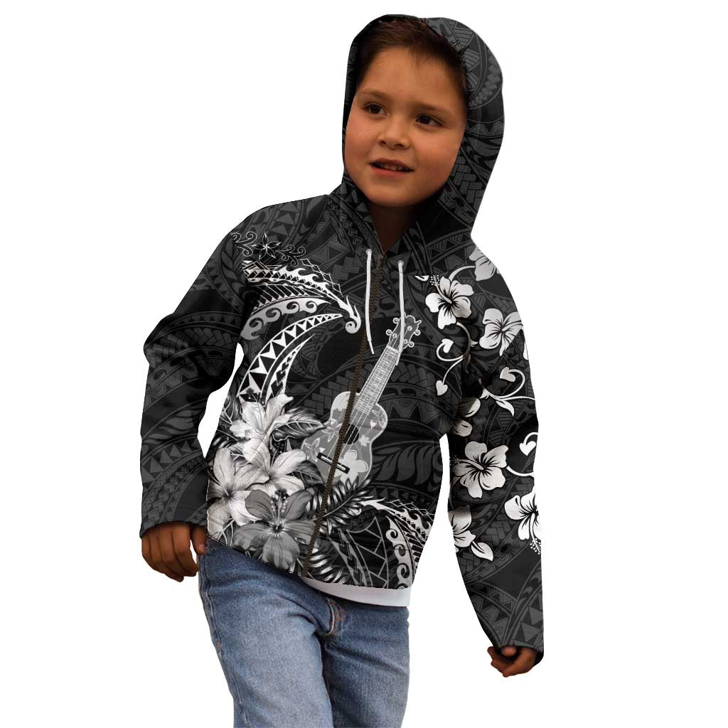 Hawaii Ukulele Kid Hoodie Polynesian Pattern Mix Hibiscus Black Version LT05