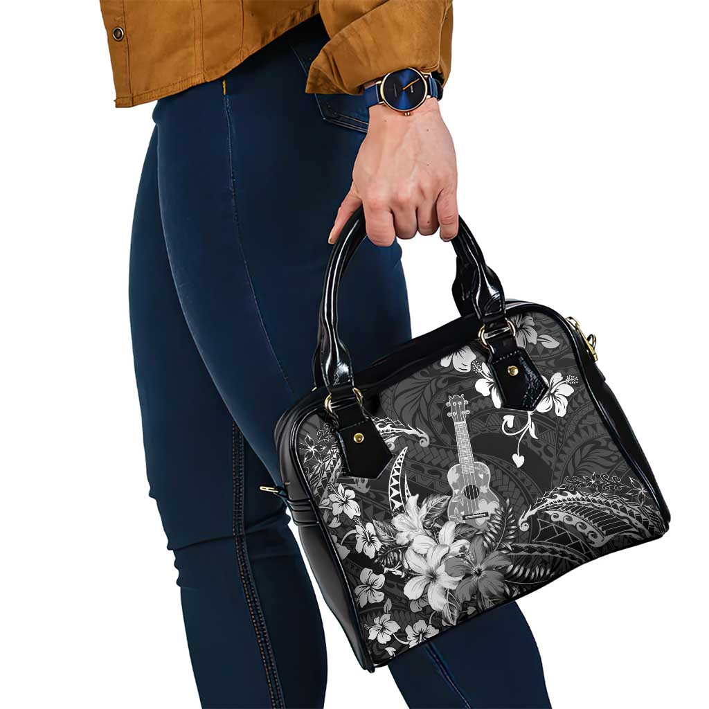 Hawaii Ukulele Shoulder Handbag Polynesian Pattern Mix Hibiscus Black Version